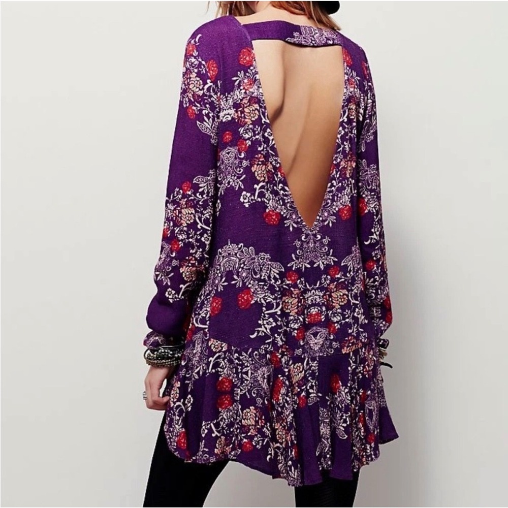 Free People Purple Floral Long Sleeve Mini Dress Deep V Back Boho Womens Small